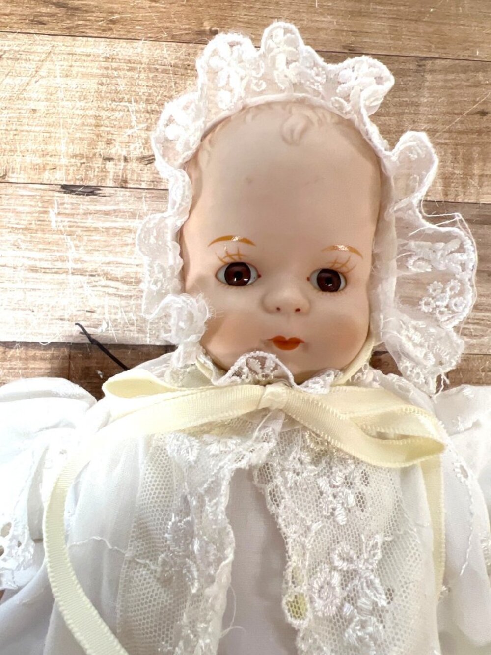 Vintage Bisque Porcelain Christening Baby Doll White Eyelet Gown Floral Lace Cap - Picture 2 of 7